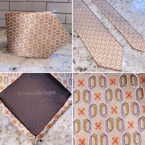 $220 Ermenegildo Zegna 100% Silk Tie Italy Tan Orange Print EUC